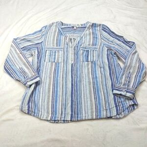 CROFT AND BARROW WOMEN'S BLUE AND WHITE STRIPED LINEN BLEND PULLOVER TOP SIZE XL